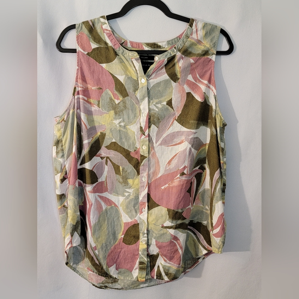 Tahari Sleeveless Button-Down Top in Pink, Olive & Cream Leaf Print